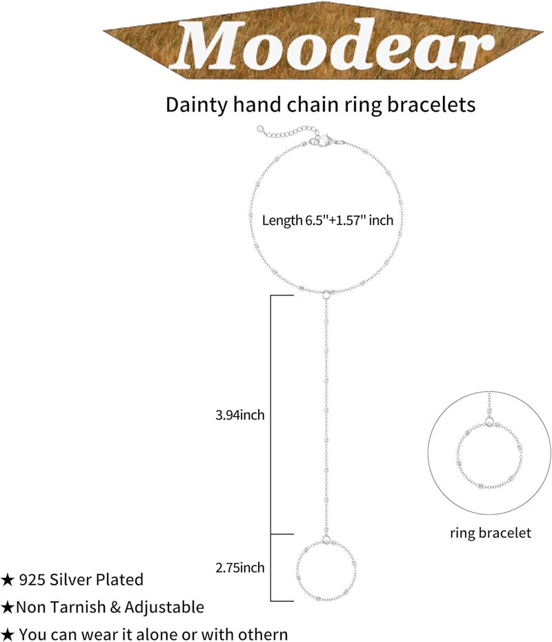 Moodear سوار حلقة رقيقة من الفضة الإسترلينية مع سلسلة يد للنساء - مطلي بالذهب عيار 14 / فضة إسترلينية بطبقات مع خرز ساتل قابل للتعديل ورابط ورقة نقطية من CZ سلاسل يد غير قابلة للتأكسد مجوهرات عصرية هدية - Image 5